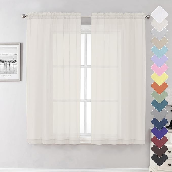 Lecloud Ivory Sheer Curtains 63 Inch Long 2 Panels, Elegant Voile Drapes for Dinning Small Windows, Light Filtering Voile Curtain for Living Room Bedroom Bathroom, Dual Rod Pocket, 40" Wx63 L