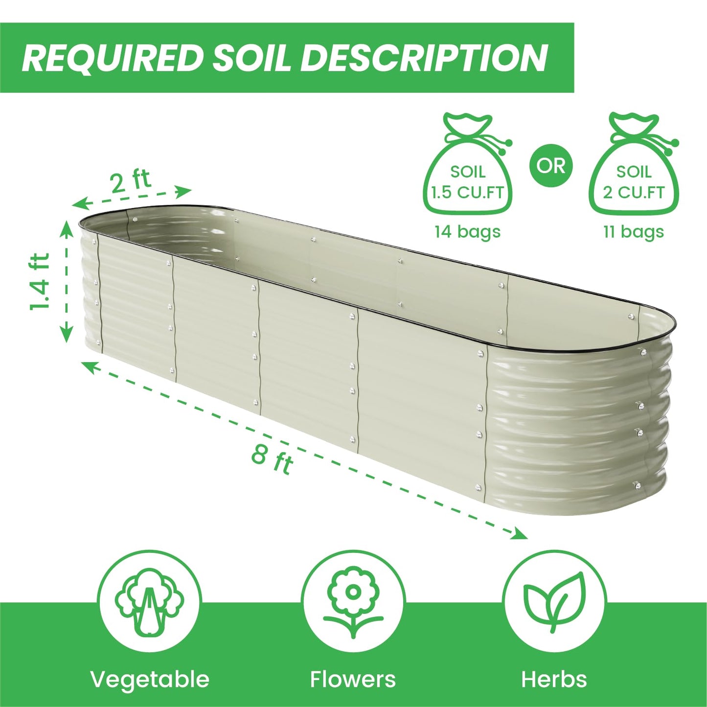FarmGeo Raised Garden Bed Kit 8 x 2 x 1.4 ft, 9-in-1 Modular Metal Raised Garden Bed Outdoor, Powder-Coated Galvanized Planter Box for Vegetables, Herbs and Flowers (Cream White)