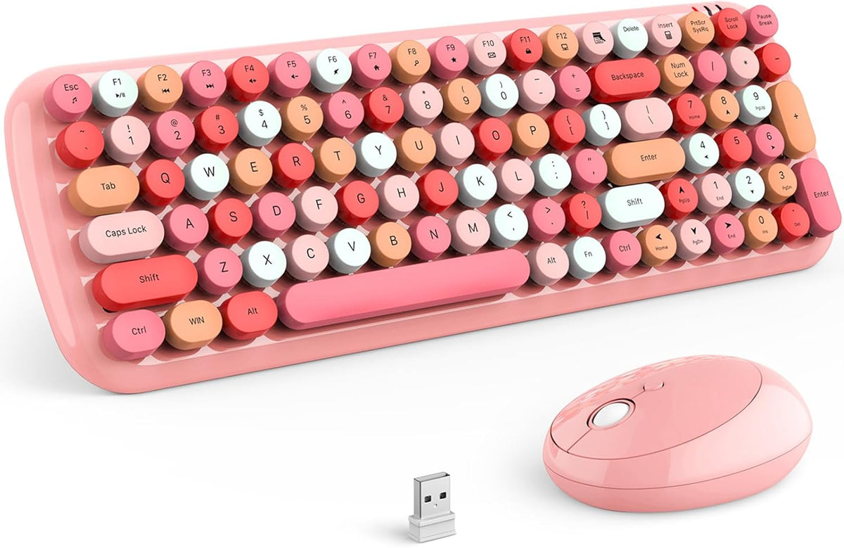 KNOWSQT Wireless Keyboard and Mouse Combo, Light Pink 100 Keys 2.4 GHz Round Keycap Typewriter Keyboards, USB Receiver Plug and Play, for Windows, PC, Laptop, Computer, Desktop