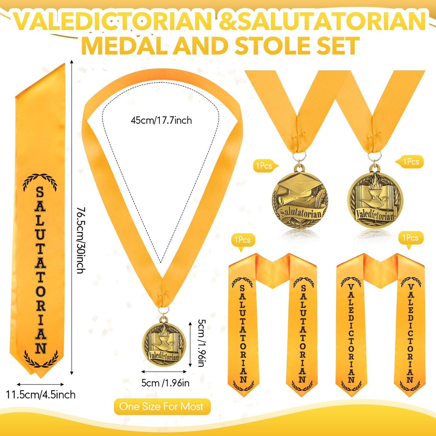 Funnysoft 4 Pack Graduation Stole Sash and Award Medal Set 2026 Valedictorian Salutatorian Graduation Stole and Award Medal with Gold Grossgrain Ribbon for Students