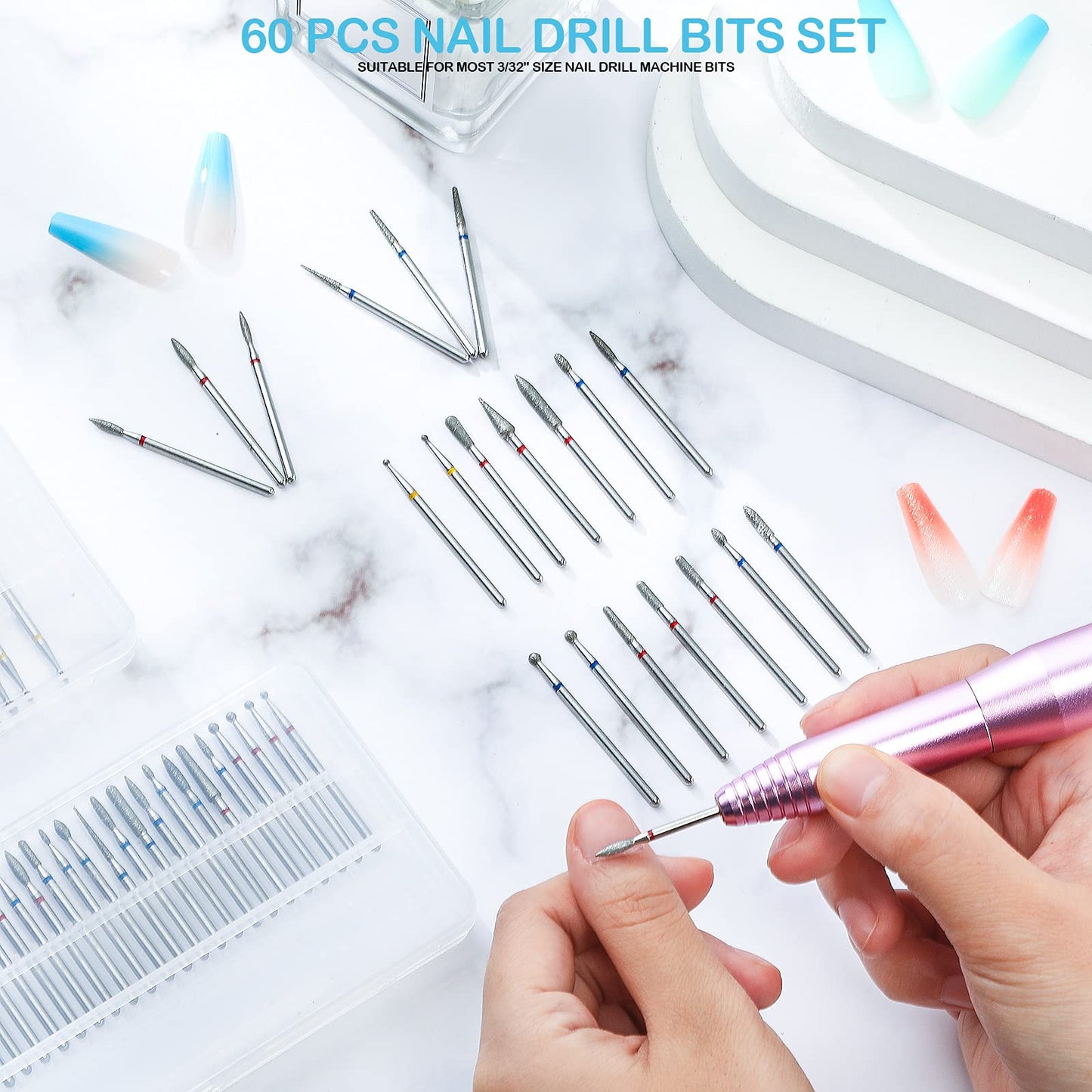Honoson 60 Pieces Diamond Nail Drill Bit Set for Nail Drill E-file 3/32 Inch Cuticle Clean Bit Ceramic Manicure Pedicure Remover Tools for Acrylic Manicure Pedicure Home Salon Use