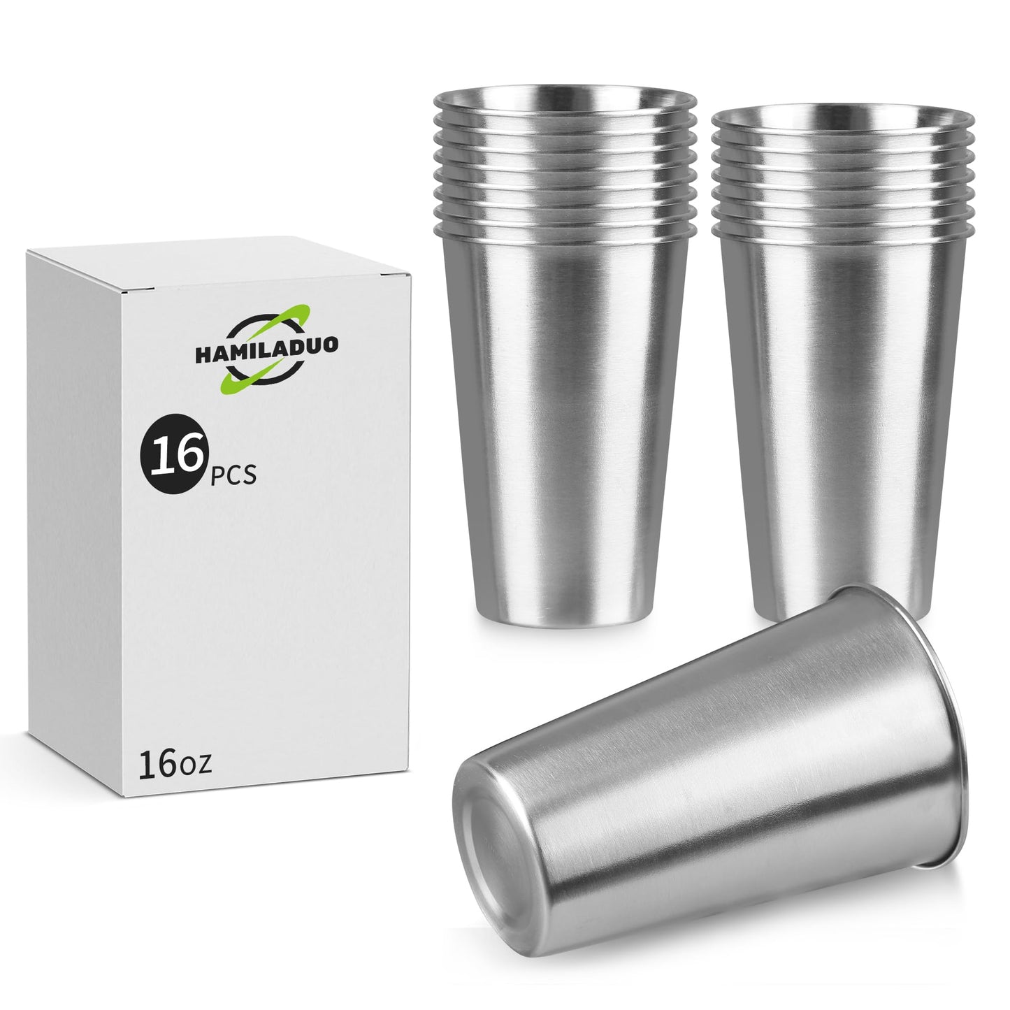 HAMILADUO 16Pack 16 oz Stainless Steel Pint Cups,Stainless Steel Cup,Pint Cup Tumbler，water Tumbler,Stackable,Reusable,BPA Free, (16)