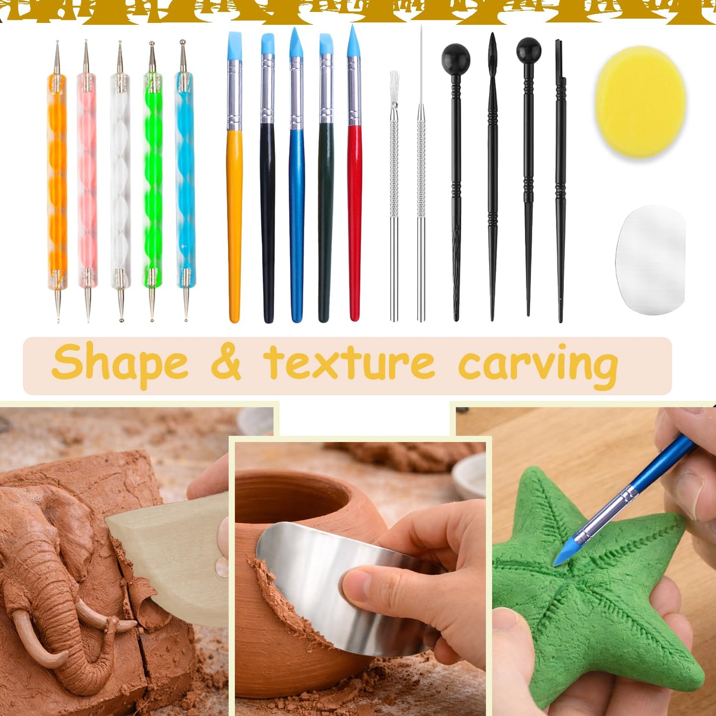 OMTRS Clay Sculpting Tools Kit, Pottery Clay Tools for Adult, Beginners and Artists, Pottery Carving Kit for Pottery, Dotting, Molding, Shaping (Natural)