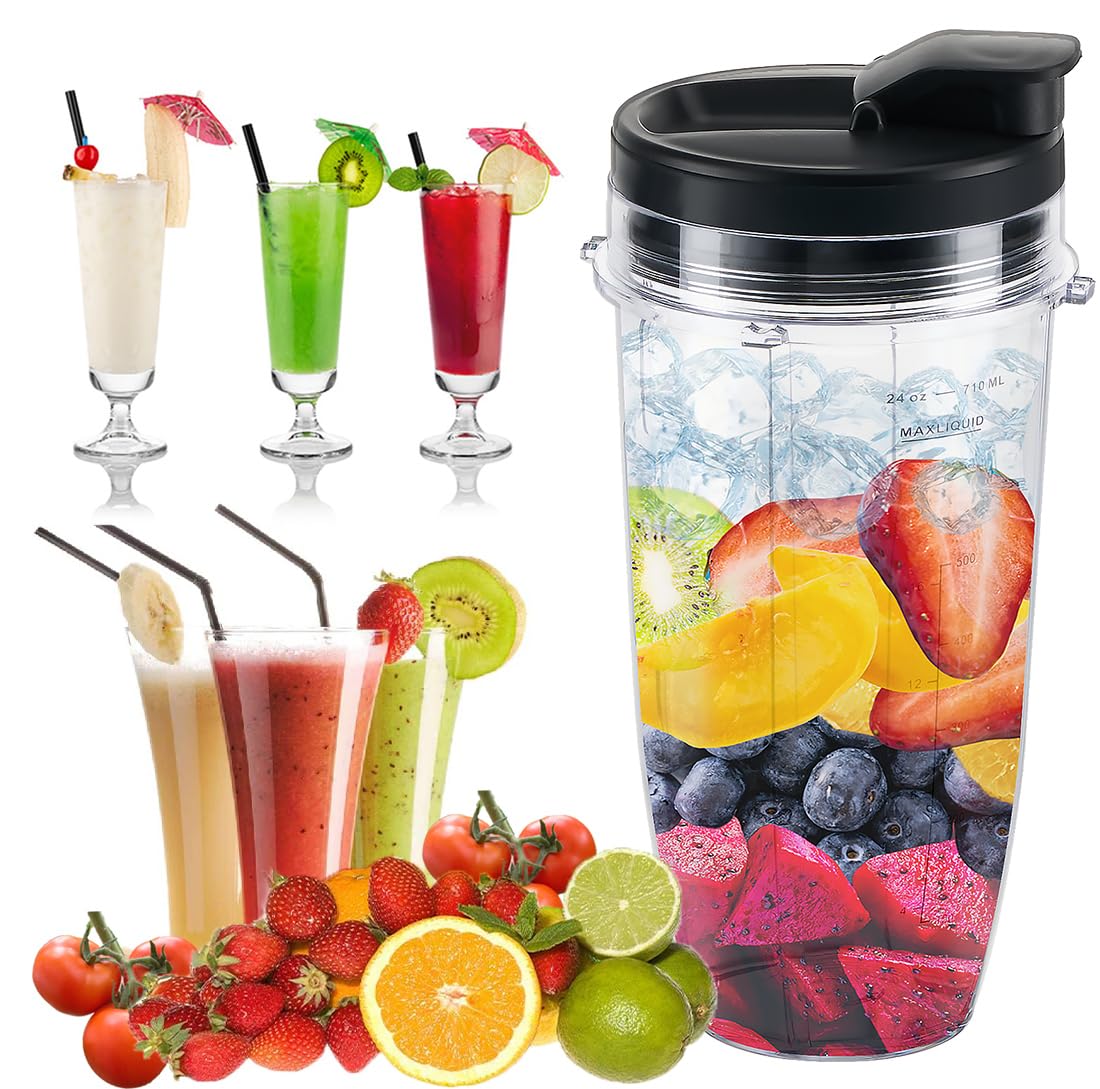 Replacement 24oz Blender Cup with Sip & Seal Lid For Nutri Ninja BL450 BL456 BL480 BL482 BL640 BL642 BL682 BN401 BN751 BN801 Foodi SS101 SS151 SS351 SS401 Ninja Blender Auto IQ Blade, 2-Pack …