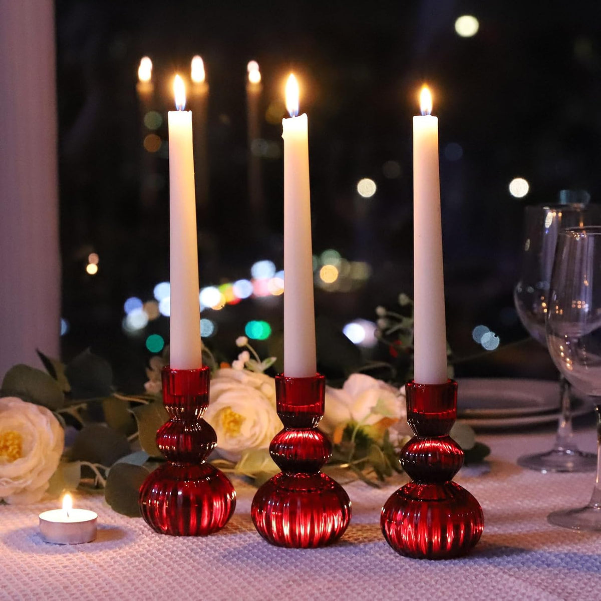 Woho Red Candlestick Holders Set of 3 for Christmas Decorations, 4.3" H Vintage Ribbed Taper Candle Holders for Dining Table, Glass Candle Sticks Holder Decor for Valentines Day/Patriotic Holidays