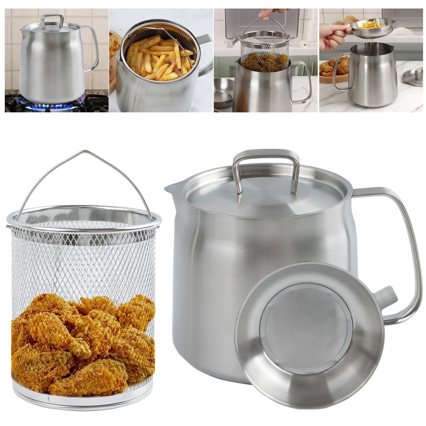 50oz 304 Stainless Steel Oil Filter Pot, Heavy Duty Bacon Grease Container & Deep Fryer Basket, Large Capacity Multi-function Oil Filter Vessel with Strainer for Kitchen Storing Frying Cooking Grease