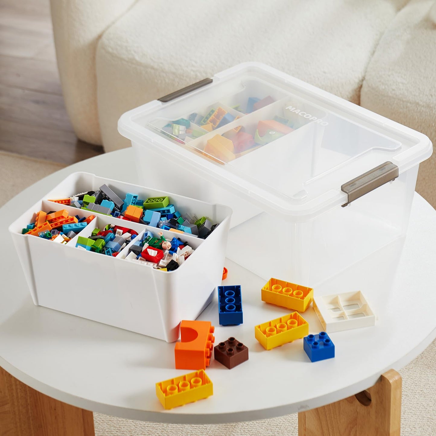 MACOPRO 17QT Craft Storage Box with 2 Removable Caddy Trays, Clear Stackable Plastic Organizer with Lid for Art Supplies, Beads, Sewing Tools, Pens & Kids Toys (White, 1Pack-2-in-1)