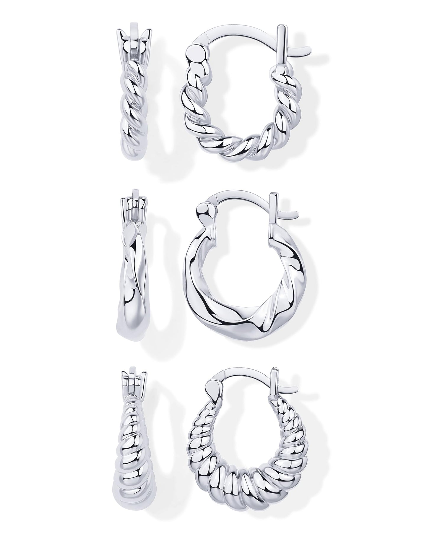 PAVOI Rhodium Plated 925 Sterling Silver Posts 3 Pairs Rope Twisted Hoop Earrings for Women - Three Set Chunky Huggie Pack - Earscape Piercings
