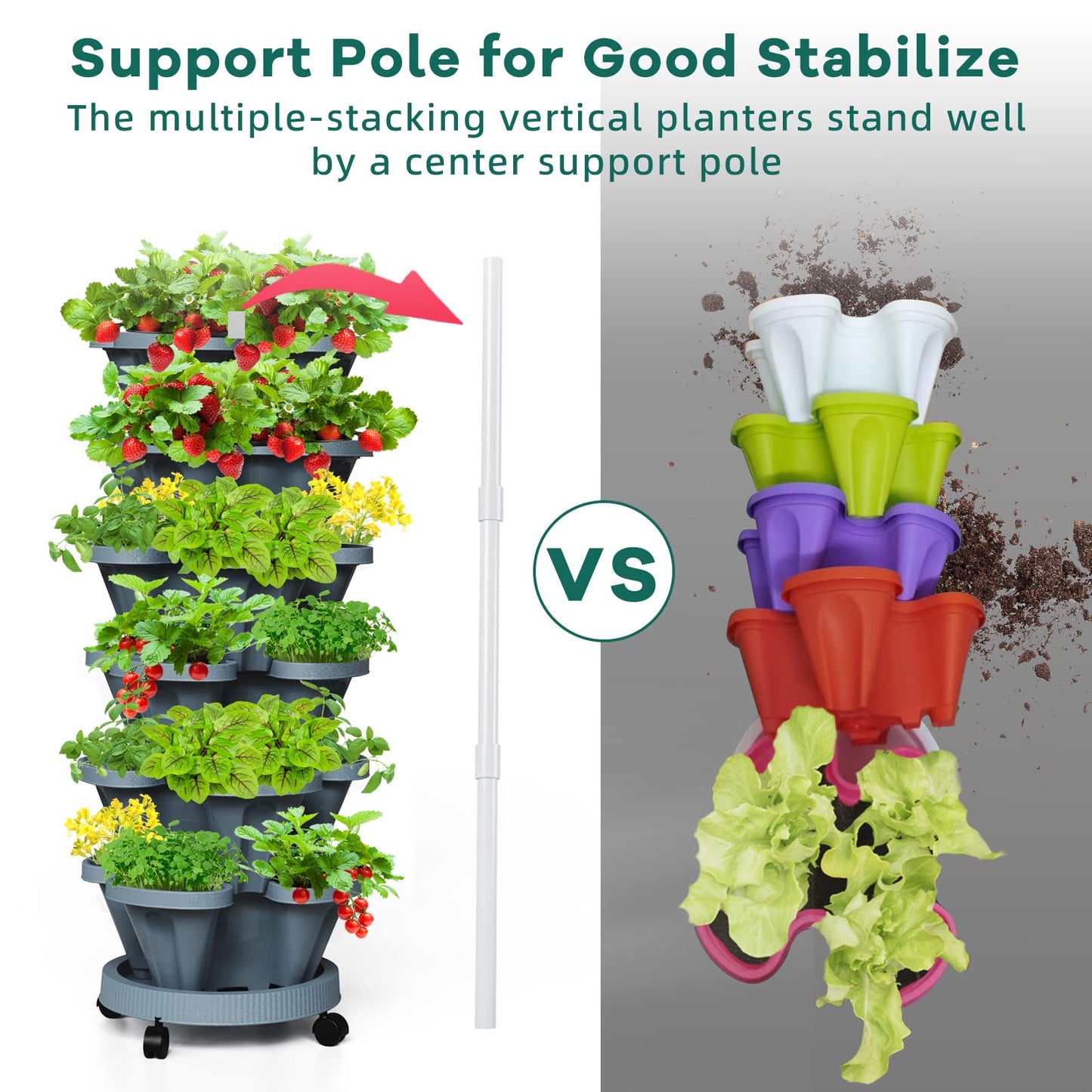 Tectsia Strawberry Vertical Planters Tower Garden 3 Pack, 7 Tiered Stacking Herb Vegetable Planter with Support Pole Indoor and Outdoor - Dark Grey