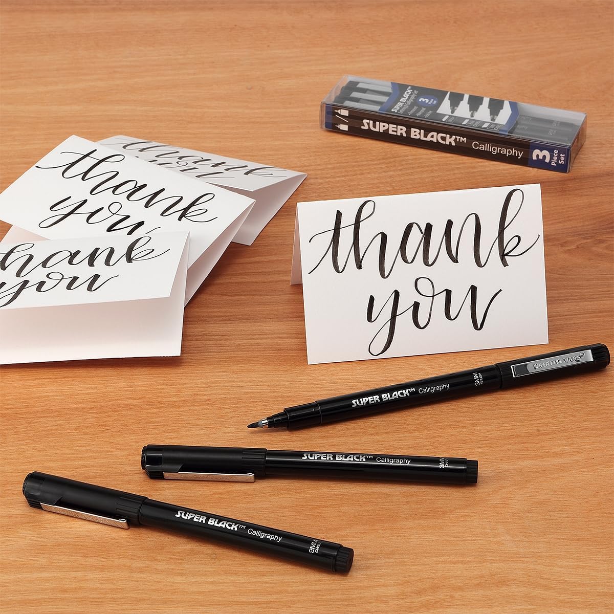 Creative Mark Calligraphy & Fineliner Pen Set of 3 Lettering & Calligraphy Drawing - Super Black, Permanent, Waterproof, & Acid-Free Chisel Nylon-Nibs Pens & Medium Brush Tip