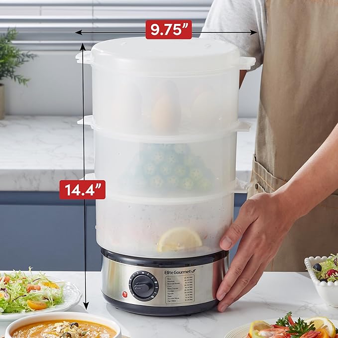 Elite Gourmet EST750 7.5 Quart, 3-tier, Electric Food Vegetable Steamer with BPA-Free Steamer Tray, Auto Shut-off 60-min Timer, 400W, Stainless Steel