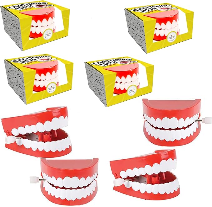 The Dreidel Company Wind Up Teeth Chomping & Chattering Teeth Toys for Kids Birthday Party Favors, Novelty and Gag Gifts, 2.5" Inches (4-Pack)
