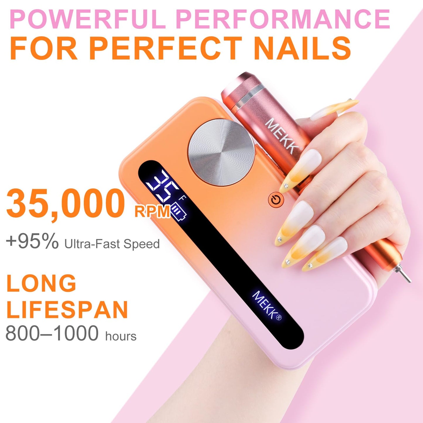 MEKK Nail Drill Kit,35000RPM Electric Nail Drill Professional Electric Nail File with 12PCS Bits,Anti-Shaking Cordless E Filer for Nails with LCD Display,Home & Salon (Orange-Pink)