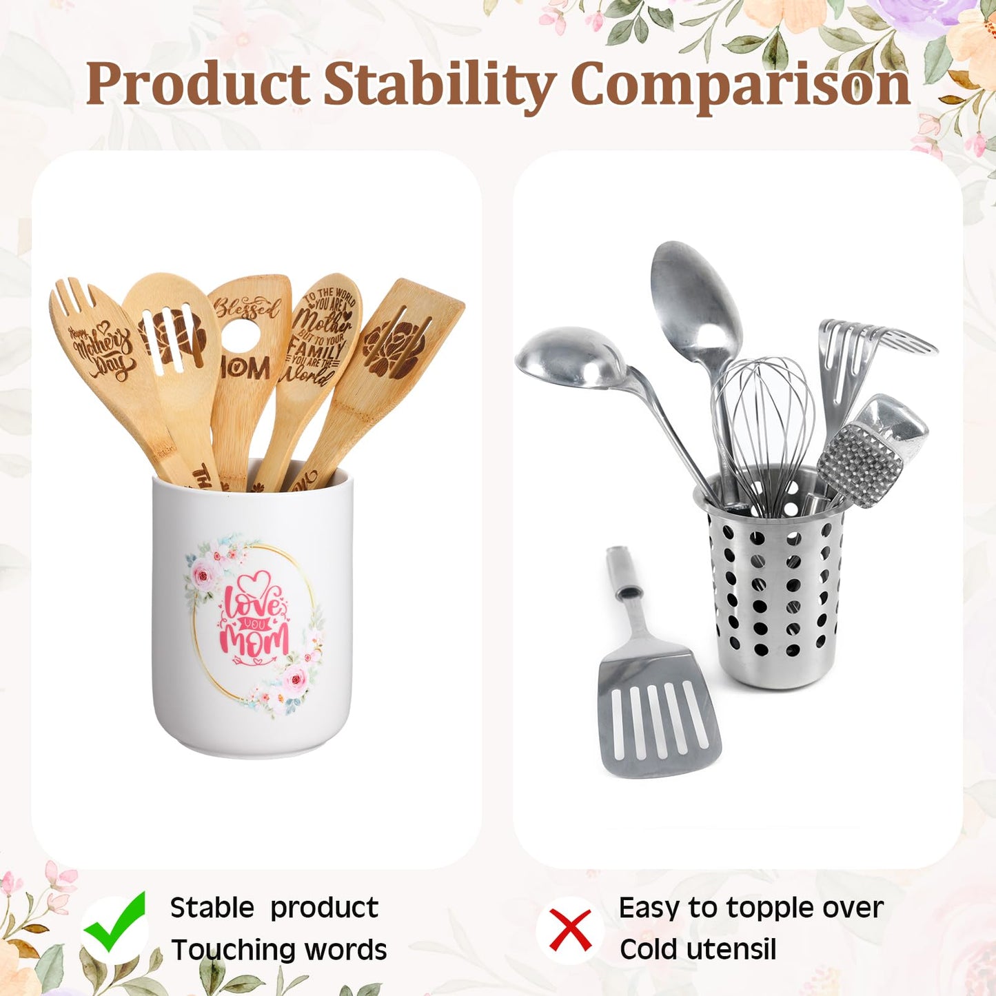 Baderke 8 Pcs Mother's Day Gifts for Mom Ceramic Utensil Holder with Wooden Spoon Set Kitchen Gadget Utensil Wooden Spatulas Set Cooking Mom Gift Cooking Tool for Hostesses Warming Kitchen Accessories