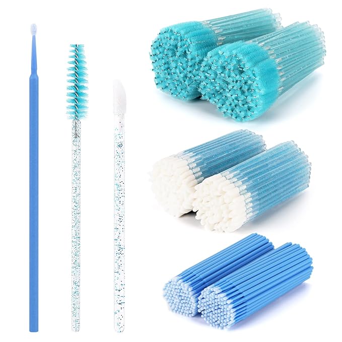 600 PCS Eyelash Extension Supplies Kit, 200 Spoolies Mascara Wands Disposable 200 Lip Brushes 200 Micro Swabs Blue Eyelash Brushes Makeup Applicator Tool