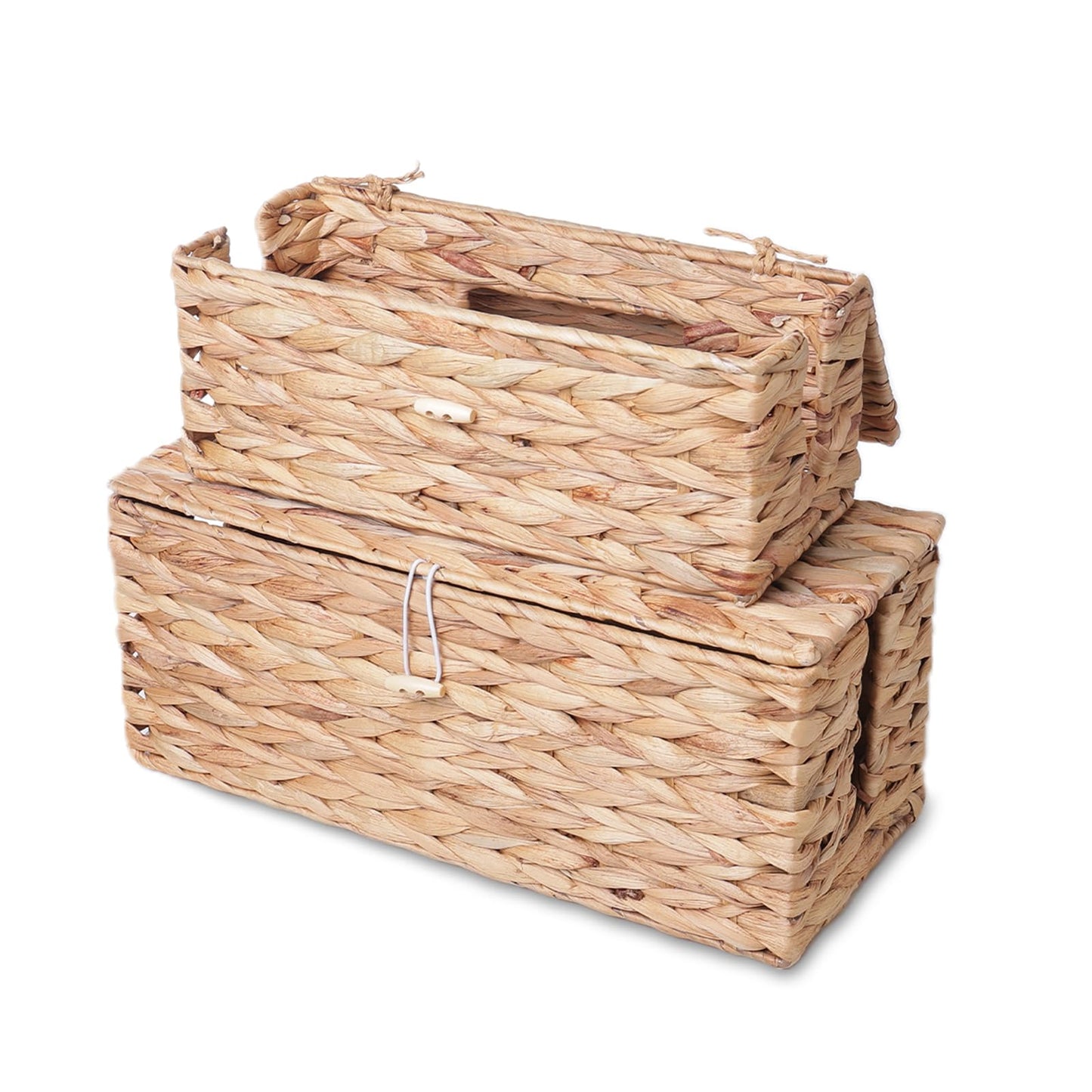 KWEEHAWTI Cable Management Box, Cord Hider Organizer Box with Lid 2-Pack,2 Side Open Slots Handwoven Water Hyacinth Storage Box for Power Strips, Floor, Desk, Office