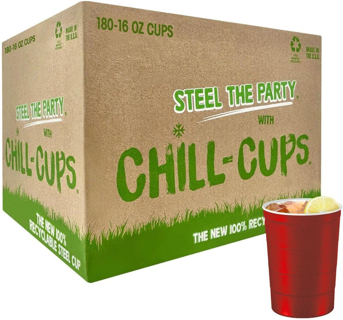 16 oz. Party Cups, Perfect for Cold Drinks, Sturdy & Durable, Disposable and 100% Recyclable, Made in USA, Red, 180 Count