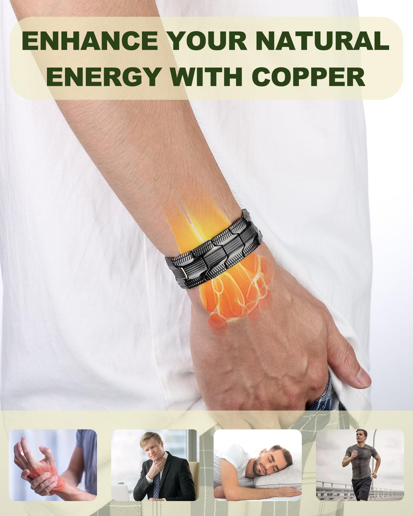 MagEnergy Copper Bracelet for Men, 3X Strength Magnetic Bracelet with 99.99% Pure Copper Ring & 3500 Gauss Magnets, Adjustable Length with Sizing Tool