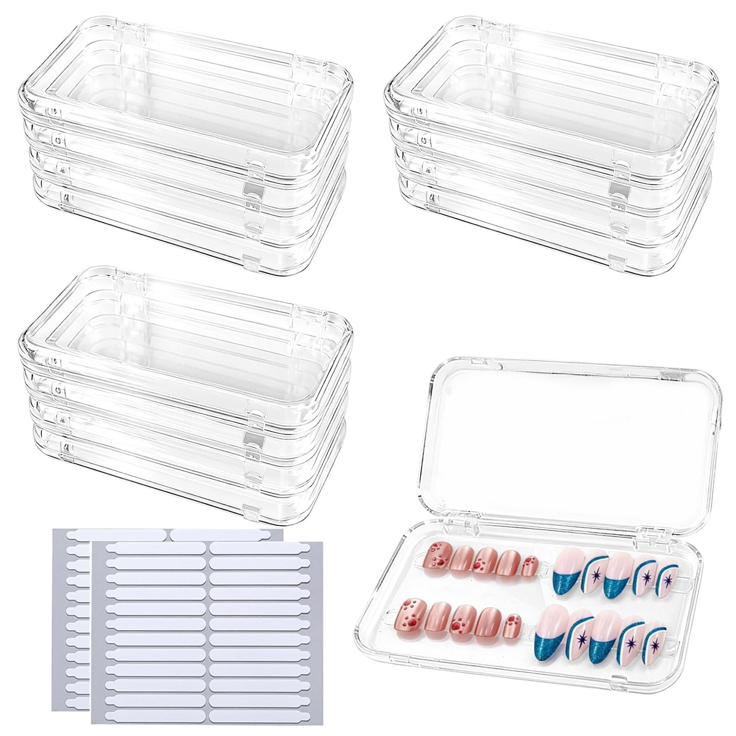 Oskrieel Press on nail storage Large Acrylic Nail Storage Box - Portable Versatile Organizer for Press - On Nails, Jewelry and More with 90 Pcs Adhesive Double Sided Tape 12 PCS