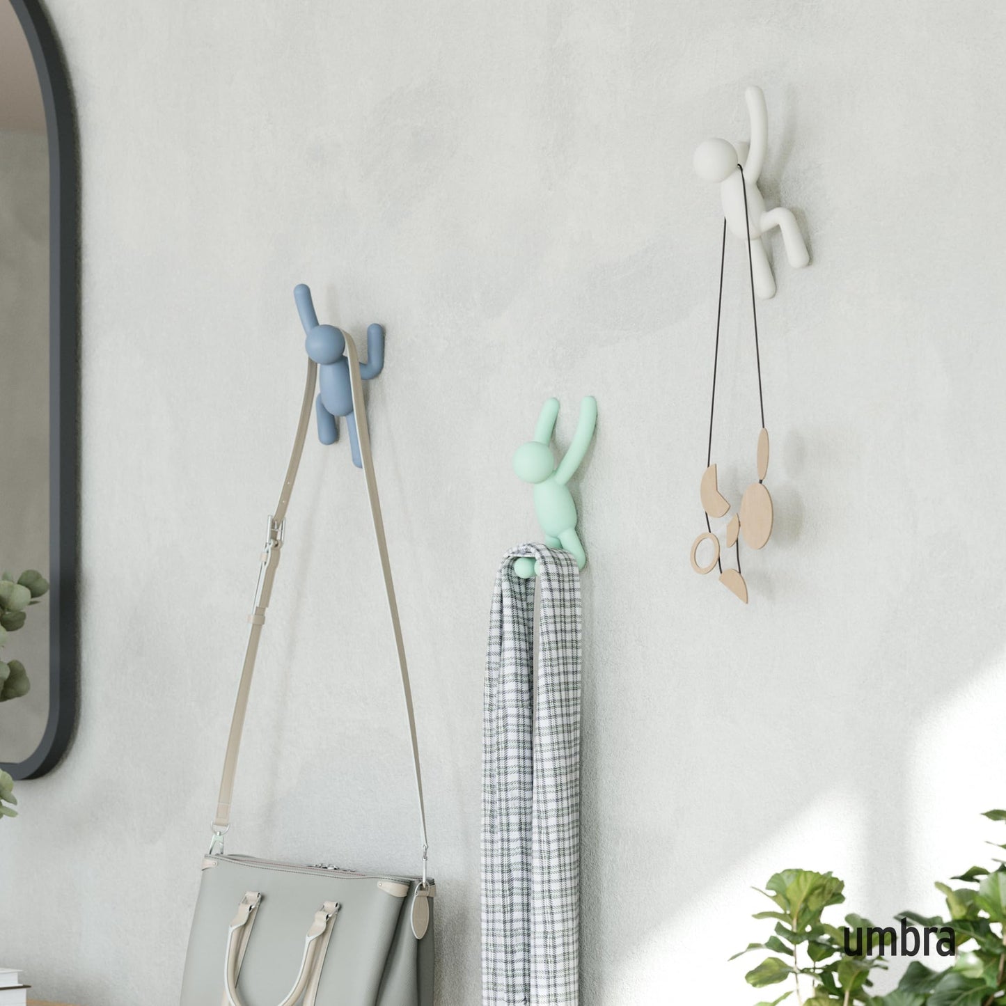 Umbra Buddy Wall Hooks – Decorative Wall Mounted Coat Hooks for Hanging Coats, Scarves, Bags, Purses, Backpacks, Towels and More, Set of 3, White/Grey/Mint