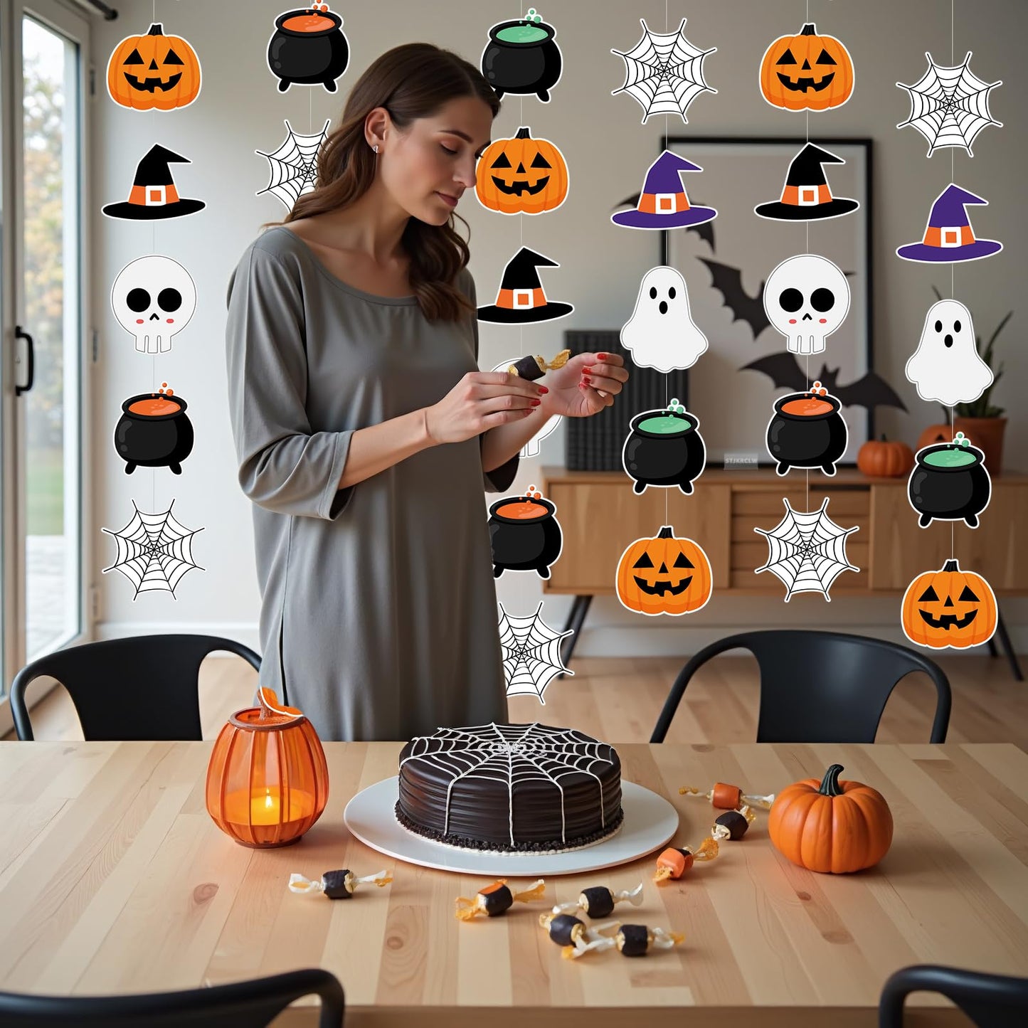 Halloween Hanging Decorations Halloween Party Banner Cute Hallowee Decor with Hallowee Witch Ghost Pattern Card Banner 8PCS Holiday Decorations, Hocus Pocus Hallowee Decorations