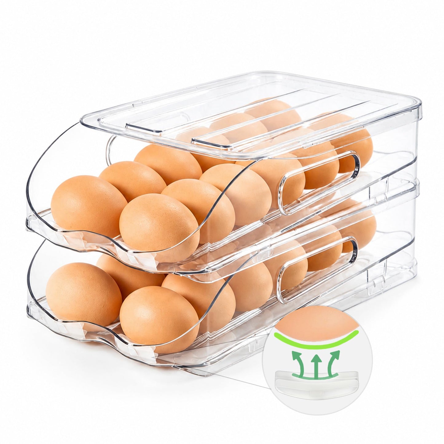 SMRCAD Egg Holder for Fridge, Automatic Steady Rolling Egg Container with Soft Bumpers & Handle for Refrigerator, Stackable Fridge Organizers and Storage with Lid