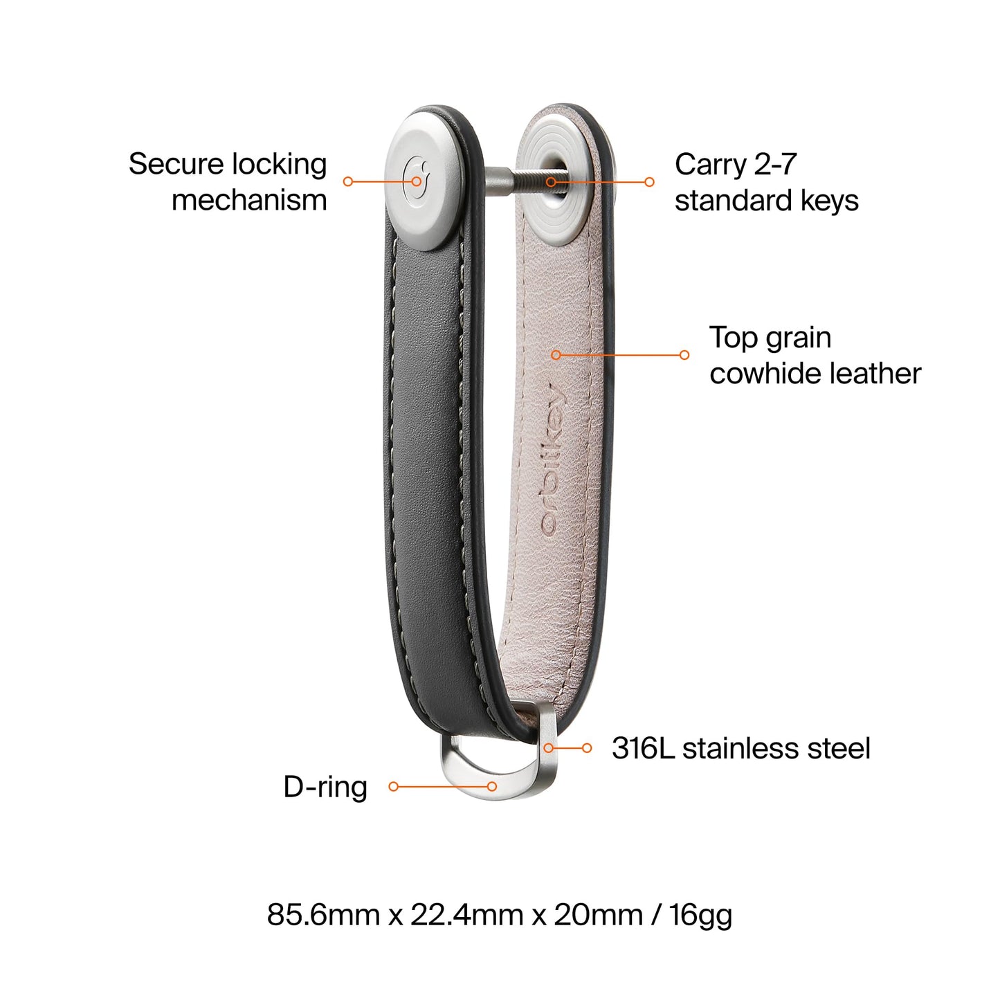 Orbitkey Leather Key Organizer | Durable, Stainless Steel Locking Mechanism, Slim & Quiet Profile | Holds up to 7 Keys, Charcoal with Grey Stitching