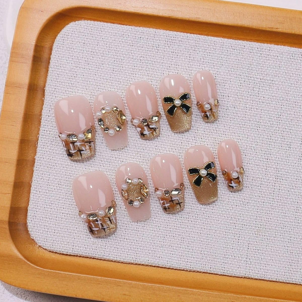 Threelegscat Short Handmade Press on Nails Coffin Stick on Nails with Rhinestone and Bow Designs Nude Press Ons Size L 10pcs