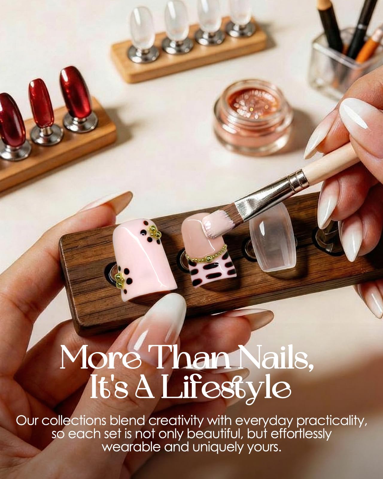 Buleens Handmade Press on Nails Acrylic Duck Nails-10pcs Short Elegant Burgundy Floral Gold 3D Fake Nails Kits with Glue