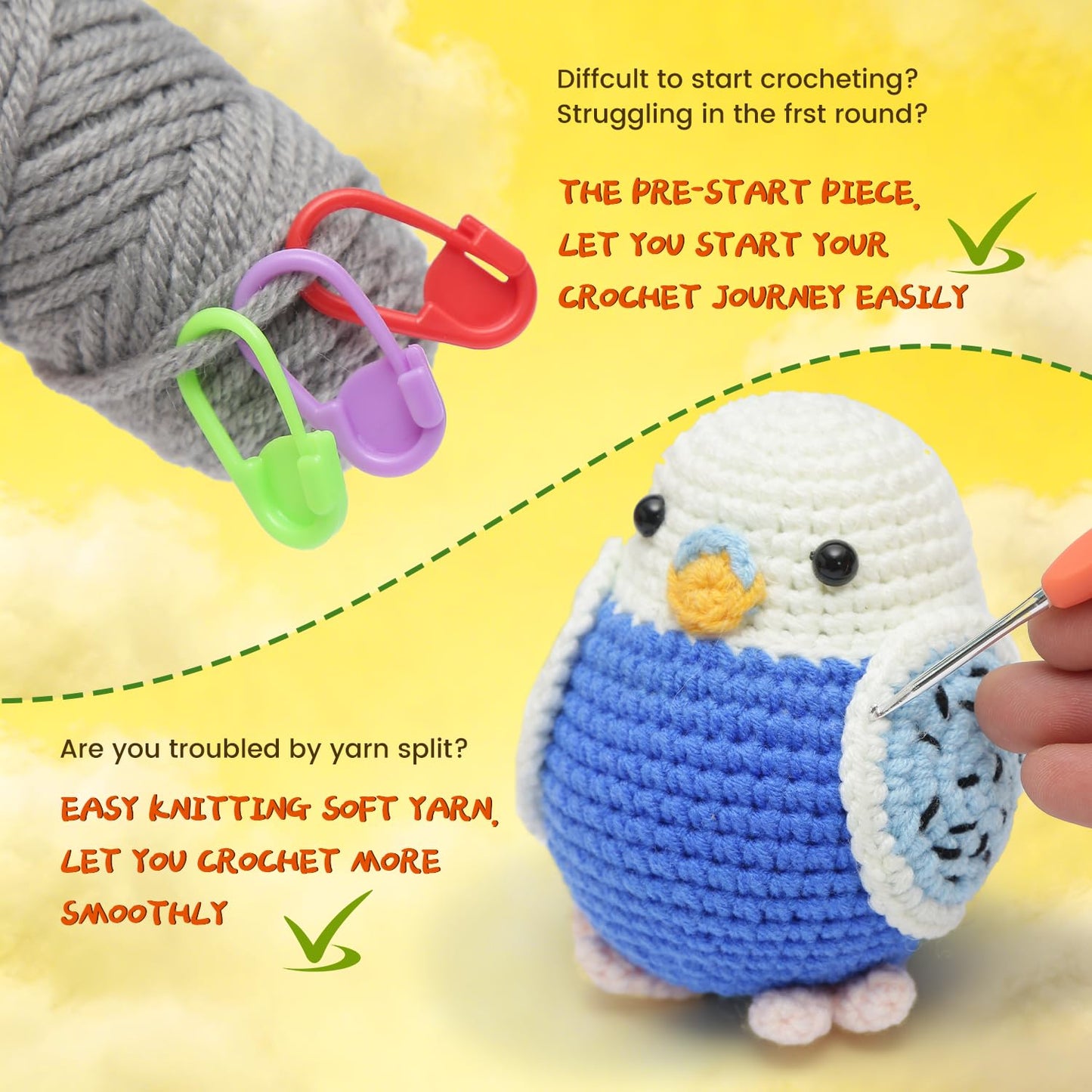 GONELYON Crochet Kit for Beginners, Crochet Kit for Beginners Crochet Starter Kits for Adults and Kids with Step by Step Video, 3 Kawaii Parrots DIY Yarn Plush