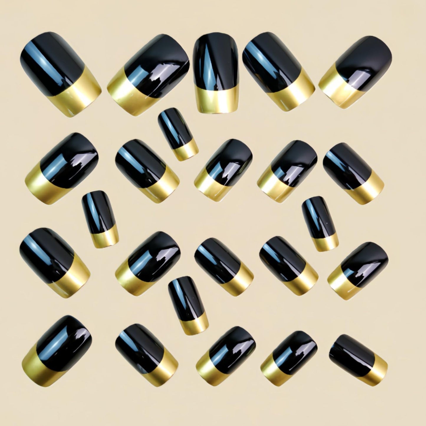 French Tip Press on Nails Square Shape Fake Nails Medium False Nails Gold Nail Tip Black Acrylic Nails Full Cover Glossy Stick on Nail Spring Summer Holiday Glue on Nails for Women Manicure 24 Pcs