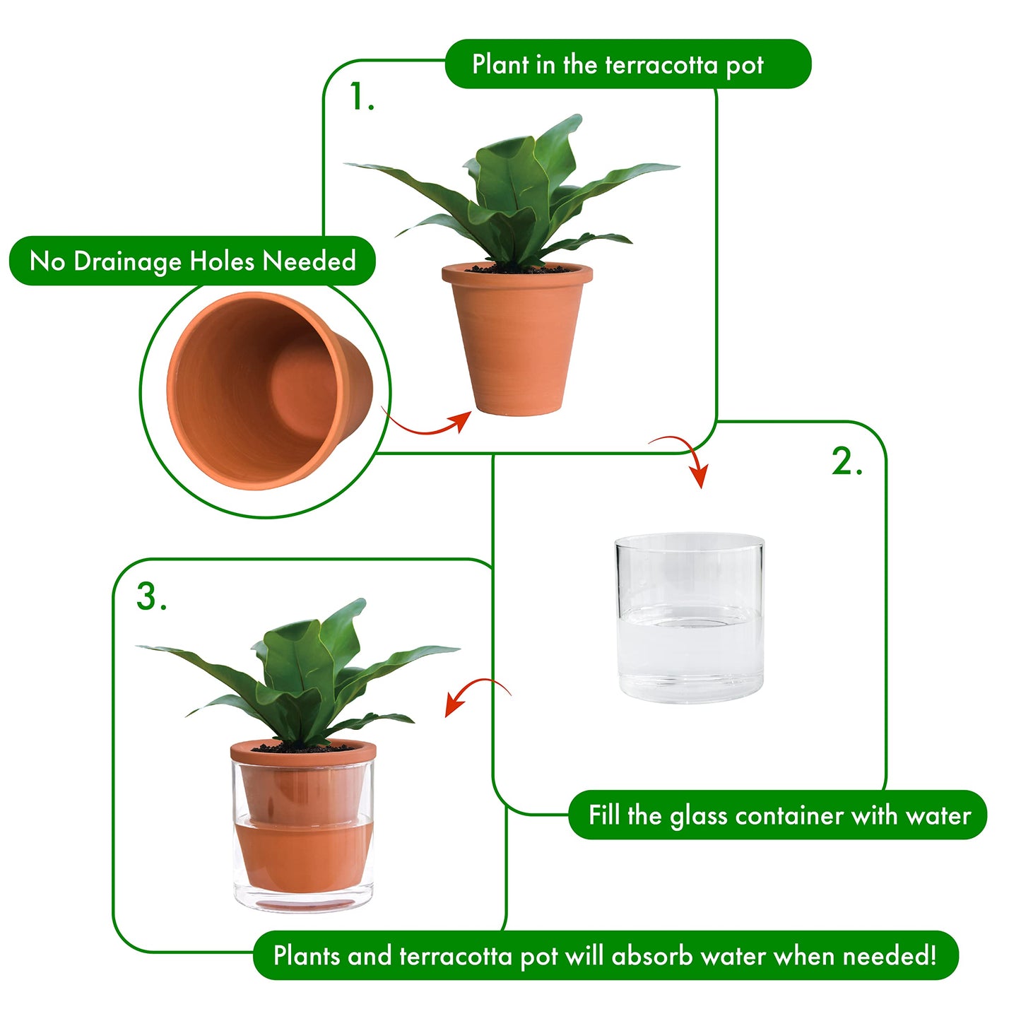 D'vine Dev 4 Inch Design Self Watering Pot for Indoor Plants, Terracotta Planter with Cylinder Glass Cup, 37-X-A-1