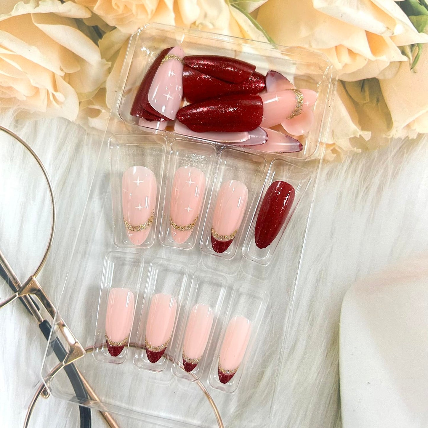 Press on Nails Tip Almond Medium Length, Artificial Fake Nails with Gold Sequins Design, Full Cover Reusable Coffin Shaped Glossy False Nails, Red French Acrylic Nails, Glue on Nails for Women Set