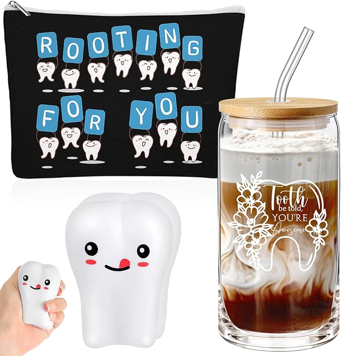 Sliner 3 Pcs Dental Nurse Gifts Dental Hygienist Gift 16 oz Glass Cups Makeup Bag Teeth Stress Toy for Women Coworkers Nurse Assistant Retirement Graduation Birthday Christmas Dentist Gift(Black)