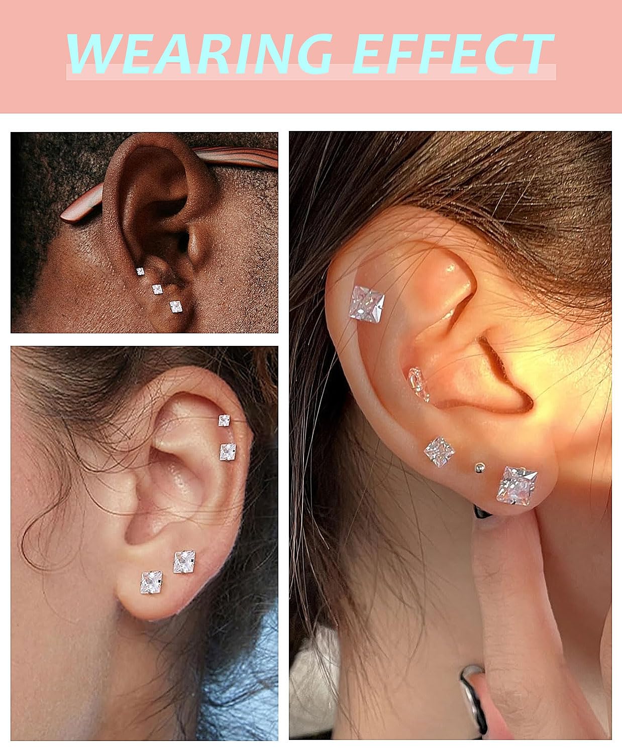 Princess Cut Square CZ Stud Earrings Flat Back, Screw Back Small Silver Clear Cubic Zirconia Studs Earrings Set for Women Men, Pack of 3 Pairs (3mm 4mm 5mm)