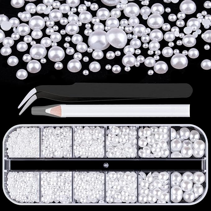Belleboost Flat Back Pearls Kits 1 Box of Flatback White Half Round Pearls with Pickup Pencil and Tweezer for Home DIY and Professional Nail Art, Face Makeup and Craft