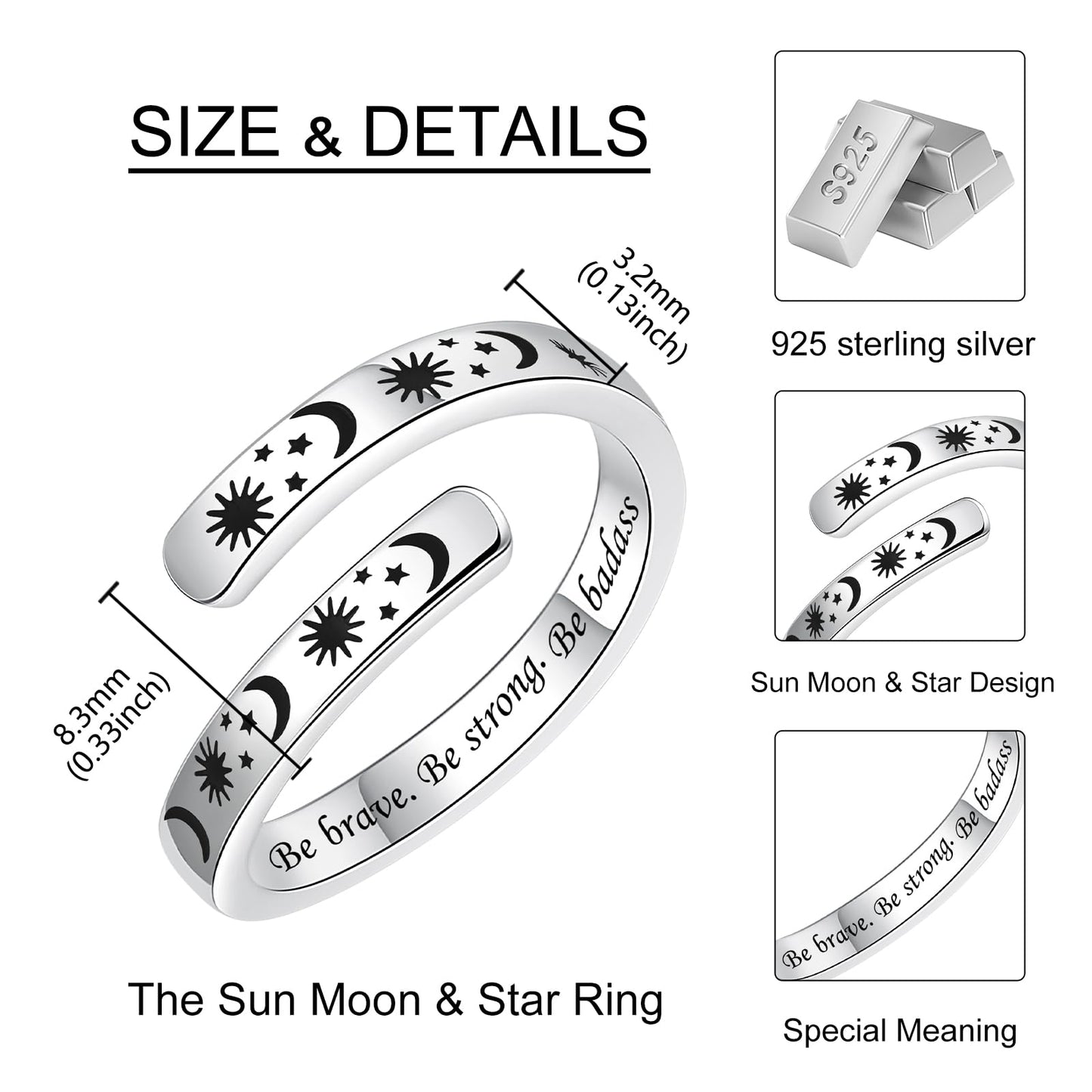 925 Sterling Silver Inspirational Jewelry Adjustable Wrap Open Ring Encouragement Gift for Women (Sun & Moon - Be brave. Be strong. Be bad*)