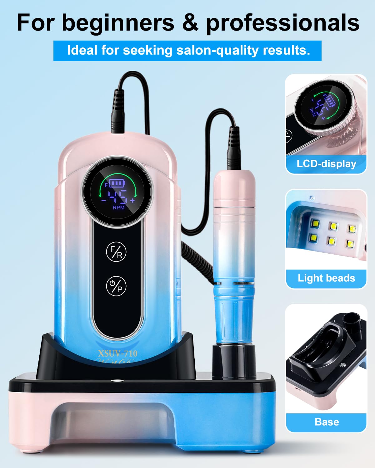 Moskany Professional Electric Nail Drill Kit 45000RPM Gradient Blue Cordless Rechargeable Nail File Machine with Nail Lamp Portable Efile Nails Drill for Acrylic Gel Nails