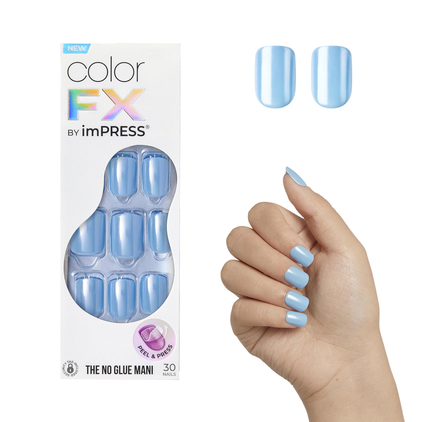 Kiss Impress No Glue Mani Press On Nails, Color FX, 'Meta', Blue, Short Size, Squoval Shape, Includes 30 Nails, Prep Pad, Instructions Sheet, 1 Manicure Stick, 1 Mini File
