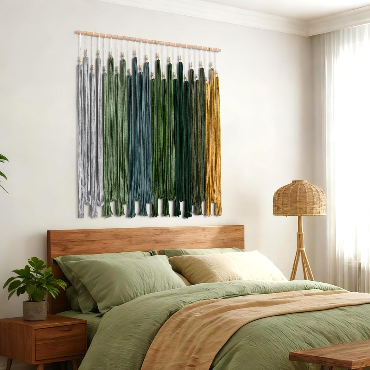 KHOYIME Macrame Wall Hanging Large Boho Home Decor Aesthetic, Bohemian Green Tassels Tapestry Modern Handmade Artwork Chic Wall Art Decorations for Living Dining Room Bedroom Nursery Office 38.5"x43"