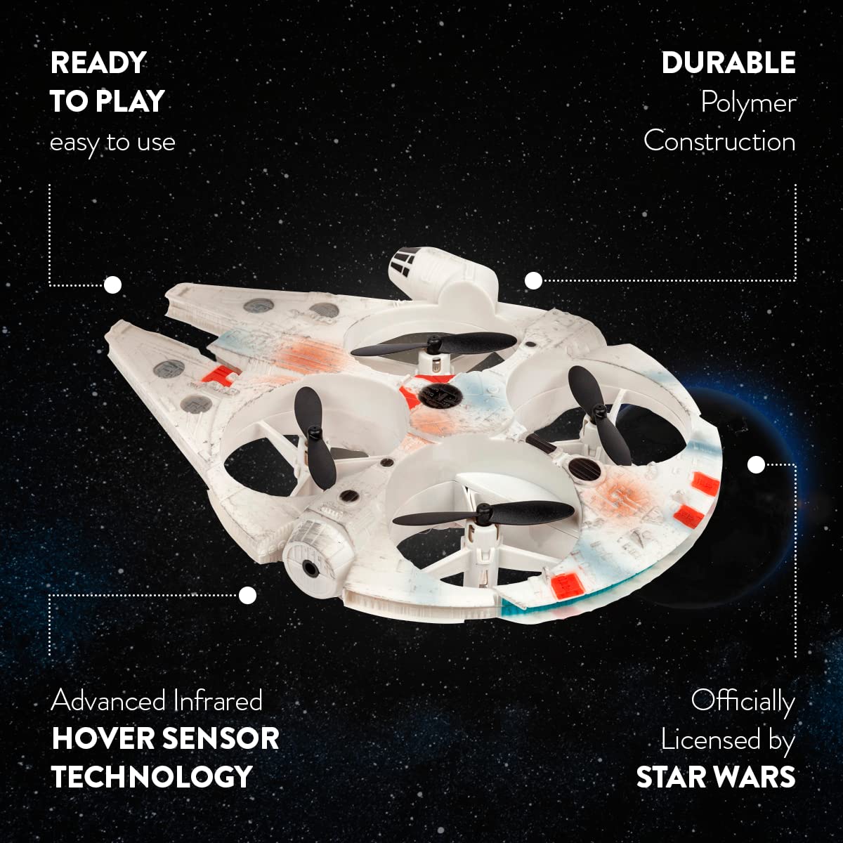 Star Wars Millennium Falcon Motion Sensor UFO Drone - Hand Controlled Hover Quadcopter with Flip Stunt Mode and Obstacle Avoidance - Officially Licensed Star Wars Toy for Kids 6+