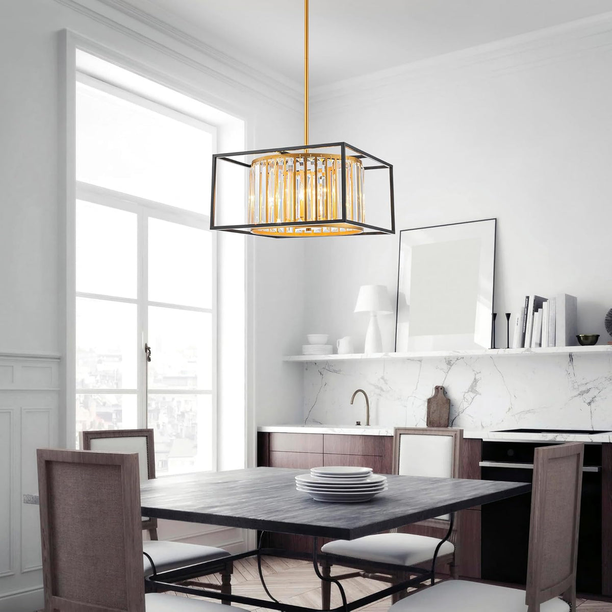 5-Lights K9 Crystal Chandelier, Modern Style Pendant Light Fixture for Dining Room, Bedroom & Living Room, Gold & Black Finish, L16.5 * W16.5 * H12~48 inch (Adjustable Height)