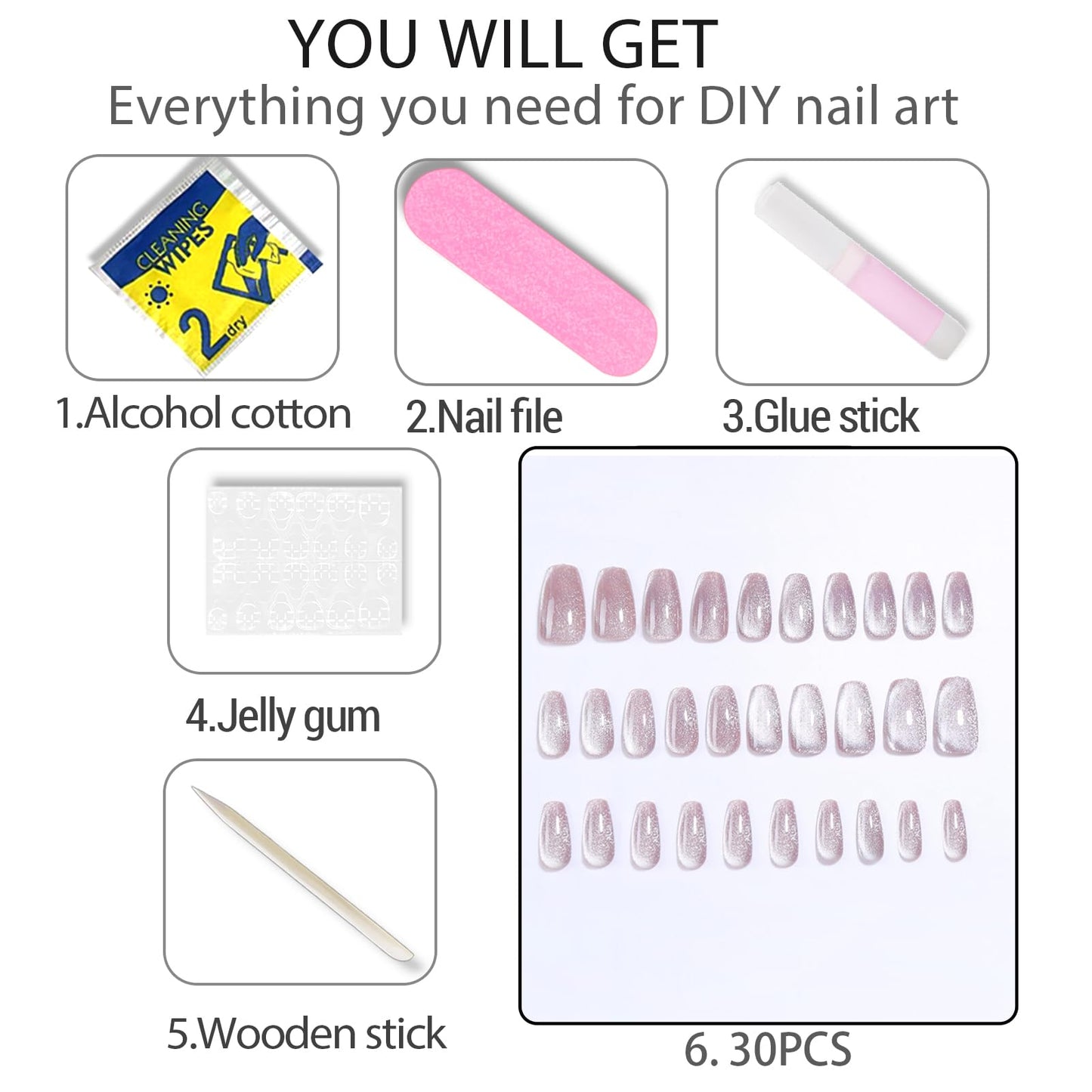 WAFOLOZE Press On Nails Medium Coffin Fake Nails With Glue, Ice Crystal Stone Cat's Eye Nail Press Ons With Flashing Nude Color Design，Artificial False Nails Stick On Nails for Women-30Pcs