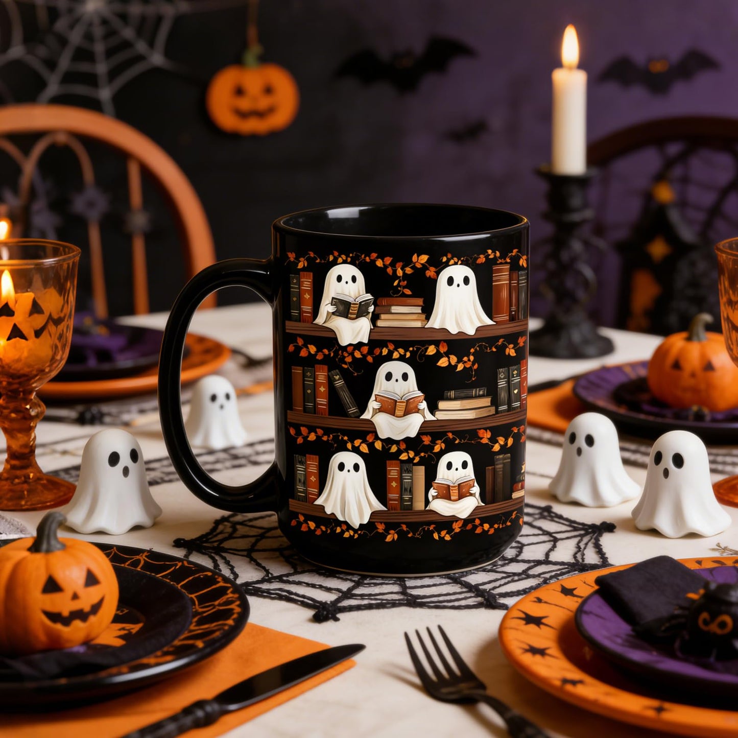BORULEEY Halloween Cute Ghost Reading Coffee Mug, 15 oz Black Ceramic Tea Cup, Spooky Book Mug for Book Lovers & Readers, Novelty Fun Festive Bookish Gift for Women, Friends & Coworkers