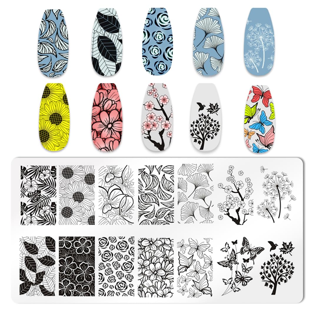 JERCLITY 6pcs Flower Leaf Nail Stamping Plate Nail Stamping Kit for Nails Flower Leaf Image Plates Nail Art Design Template Print Nail Stamper Kit for Women