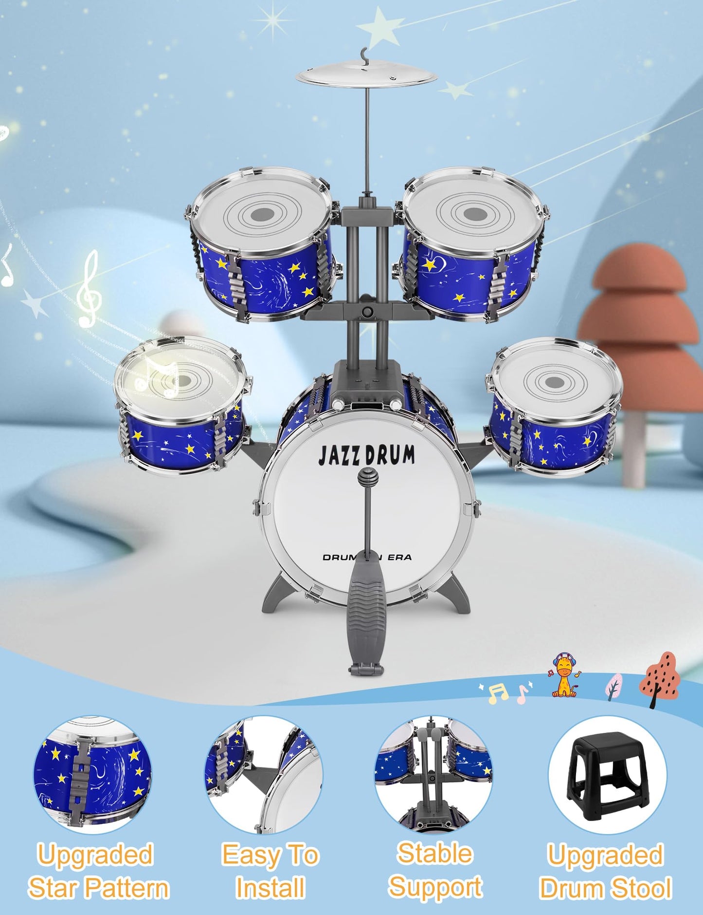 Upgraded Kids Drum Set for Toddlers Plastic Musical Jazz Drum Instruments Kit Birthday Musical Learning Toys for 4 5 6 Boys Girls, Starlight Blue