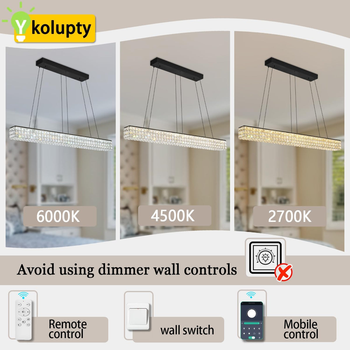 W48 Black Chandeliers for Dining Room, Modern Crystal Pendant Lights Fixture Farmhouse Hanging Dining Light Fixtures for Kitchen Island, Living Room, Bedroom