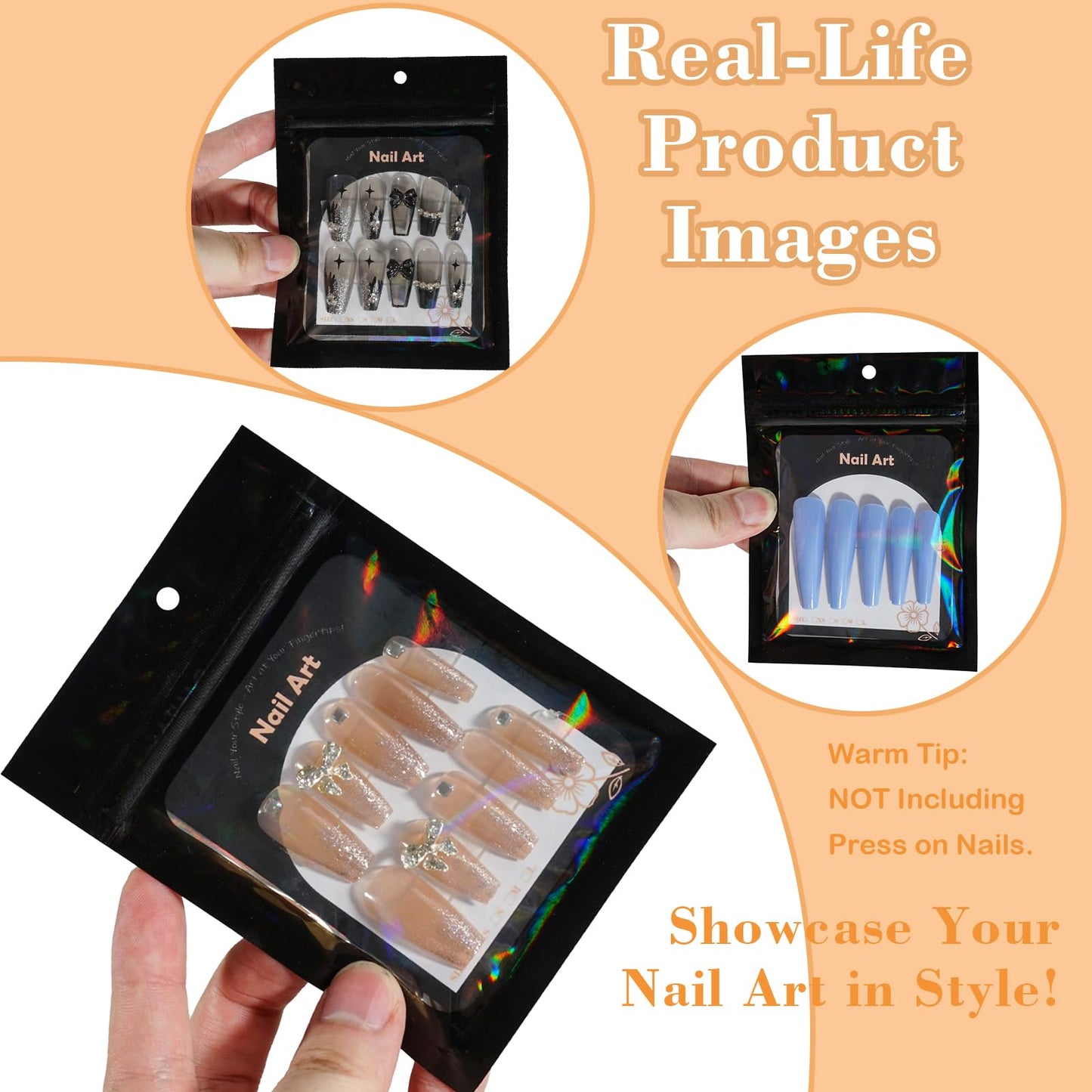 202pcs Press on Nail Packaging Bag, 100pcs Empty Holographic Nail Storage Bag and 100pcs Instruction&Display Black Cardboard with 2 Roll Transparent Tape for Nail Display Profession Salon (Black, 100)