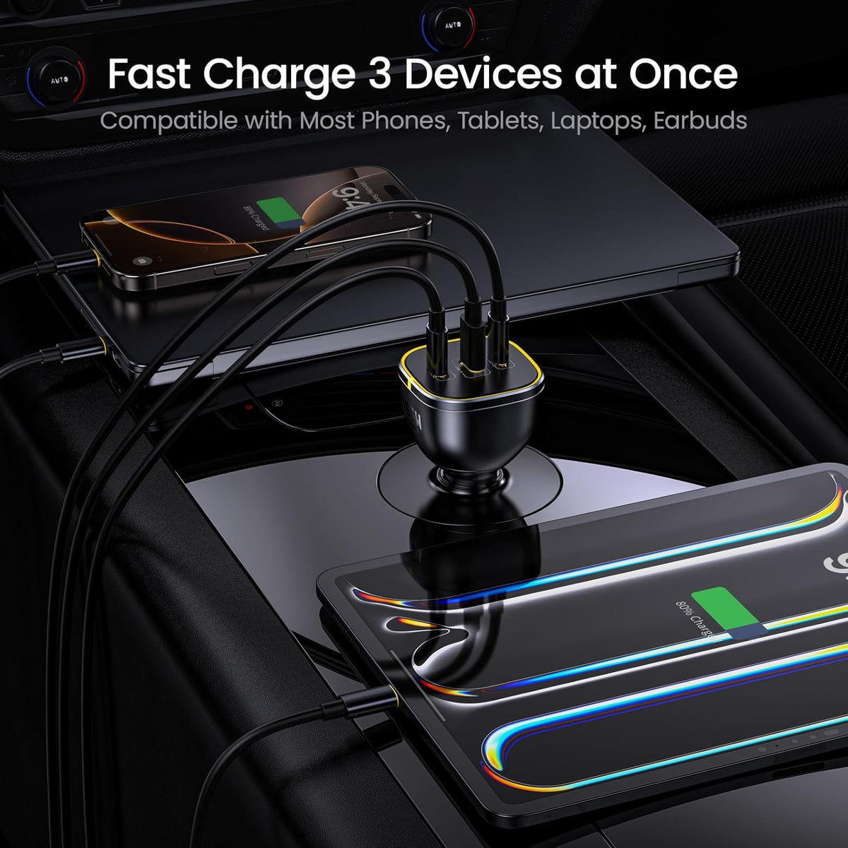 AOHI 165W Laptop Car Charger Adapter 140W PD 3.1/ 100W PD 3.0 USB C Super Fast Charging PPS 45W 3-Ports QC5.0 Car Lighter Charger for MacBook Pro, iPhone 16/15, Galaxy S24 Ultra, iPad, Black