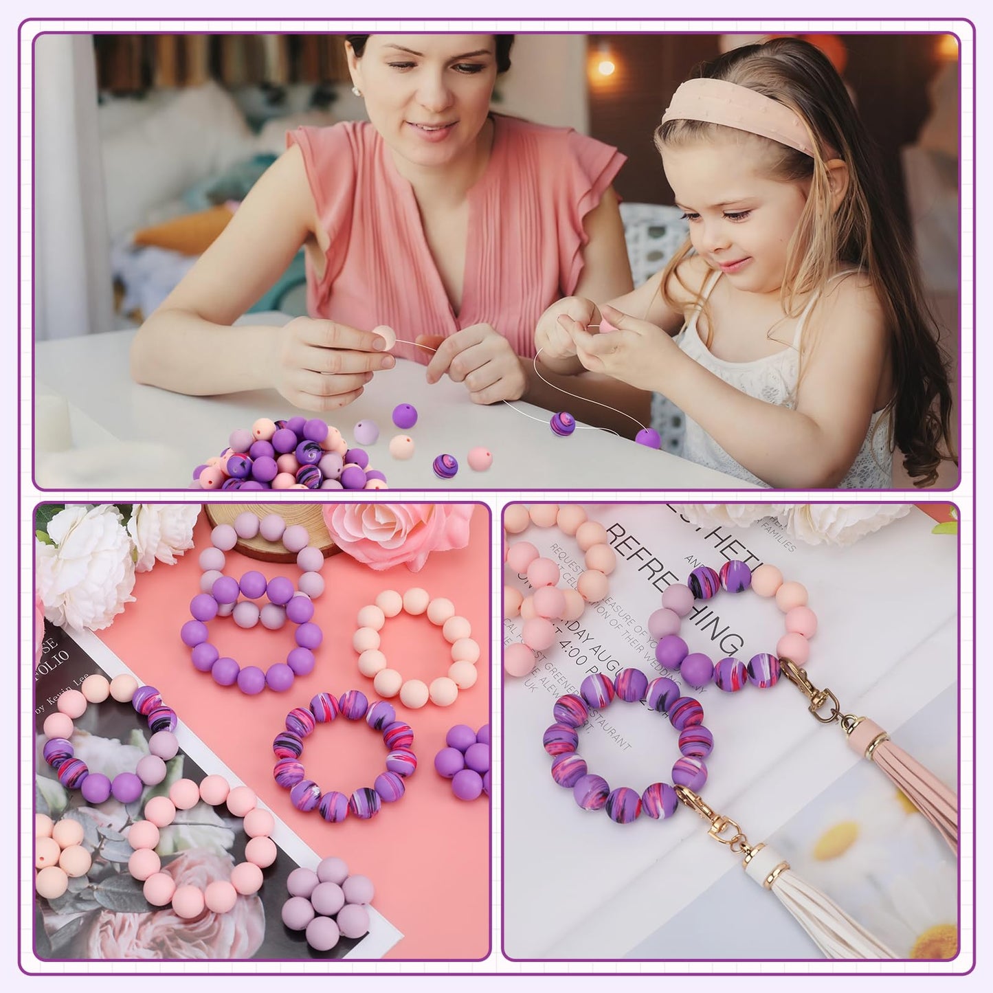 SALUOKE 100 Pcs 15mm Silicone Beads for Keychain Making, Pink Gream Silicone Beads Bulk Round for Bracelets Pens Crafts Jewelry Making (Pink Purple)